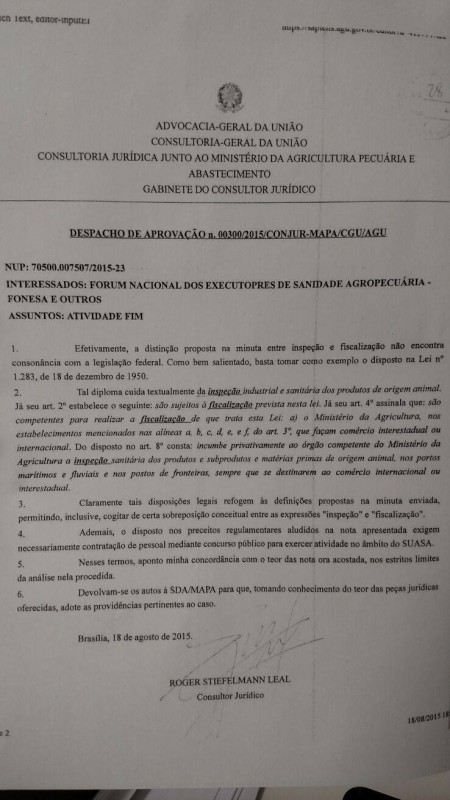 Documento emitido pela Conjur, reprova a terceirização da inspeção de produtos de origem animal.